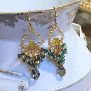 Topaz and Green Crystal Glass Beaded Chandelier Handcrafted Earrings